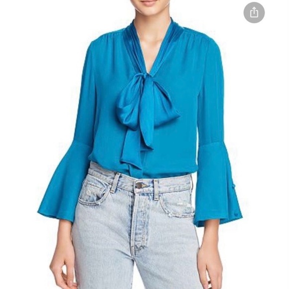 Alice + Olivia Tops - $295 Alice + Olivia Meredith Teal Silk Tie Neck Bell Sleeve Blouse Top Size L